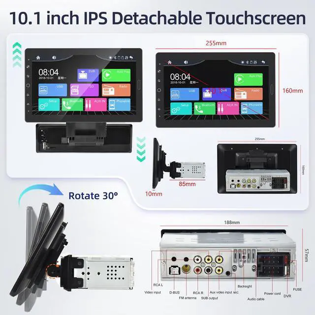 Alt view image 6 of 7 - 10.1 inch Single Din Touchscreen Car Stereo 10 inch Screen 1 Din Radio | with CarPlay and Android Auto/Mirror Link/EQ Audio/1080P/SWC/Bluetooth +Backup Camera