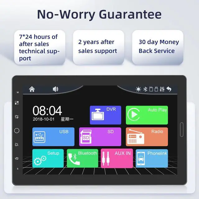 Alt view image 7 of 7 - 10.1 inch Single Din Touchscreen Car Stereo 10 inch Screen 1 Din Radio | with CarPlay and Android Auto/Mirror Link/EQ Audio/1080P/SWC/Bluetooth +Backup Camera