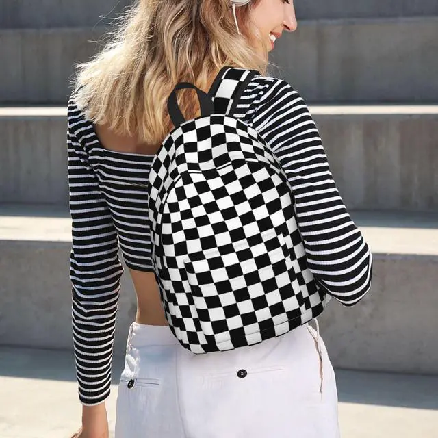 Alt view image 3 of 7 - Black And White Simple Checkered Backpack for Girls Boys Women Lightweight Canvas Bookbag Casual Daypack for Travel Outdoor Camping, 15 Inch