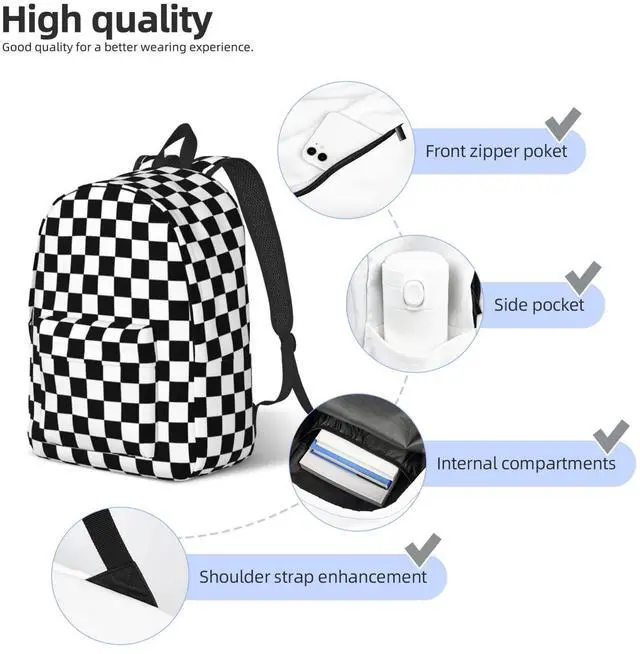 Alt view image 7 of 7 - Black And White Simple Checkered Backpack for Girls Boys Women Lightweight Canvas Bookbag Casual Daypack for Travel Outdoor Camping, 15 Inch