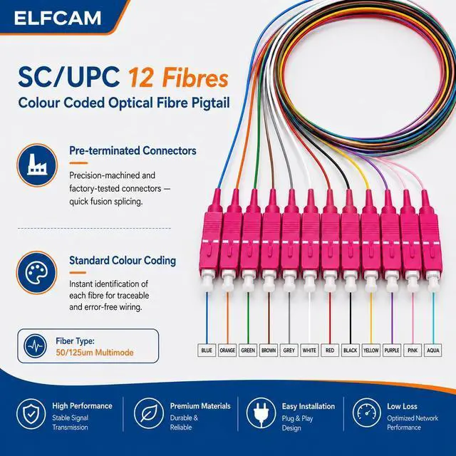 Alt view image 4 of 7 - ® - 12 Fibre SC/UPC OM4 Multimode 50/125um Unclad Colour Coded Optical Fibre Pigtail