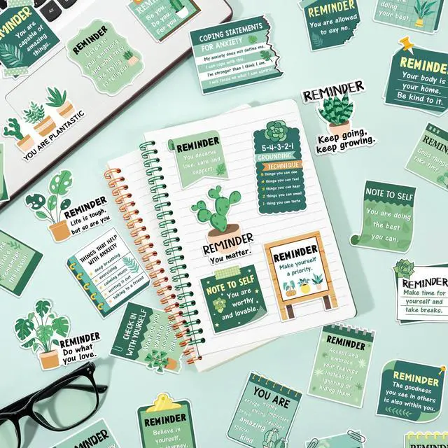 Alt view image 2 of 6 - 300 Pcs Mental Health Stickers Holiday Positive Affirmation Decor Inspirational Motivational Encouraging Care Quote Decals for Laptop Water Bottle Students Teens Adults(Green Plant)