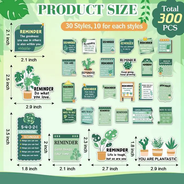 Alt view image 3 of 6 - 300 Pcs Mental Health Stickers Holiday Positive Affirmation Decor Inspirational Motivational Encouraging Care Quote Decals for Laptop Water Bottle Students Teens Adults(Green Plant)