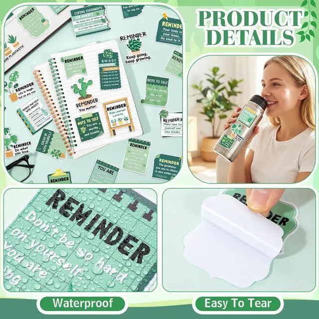 Alt view image 4 of 6 - 300 Pcs Mental Health Stickers Holiday Positive Affirmation Decor Inspirational Motivational Encouraging Care Quote Decals for Laptop Water Bottle Students Teens Adults(Green Plant)