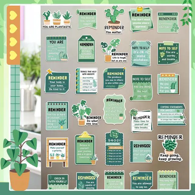 Alt view image 6 of 6 - 300 Pcs Mental Health Stickers Holiday Positive Affirmation Decor Inspirational Motivational Encouraging Care Quote Decals for Laptop Water Bottle Students Teens Adults(Green Plant)