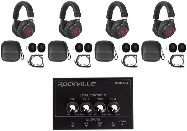 Main image of PRO-M50 SR Studio Headphones 4-Pack Bundle with RHPA4 Amplifier | 40mm Neodymium Drivers, Closed-Back, Detachable Coil Cable, Cases, Stereo/Mono, USB Powered, 1/4" and 3.5mm Outputs, 5-Items