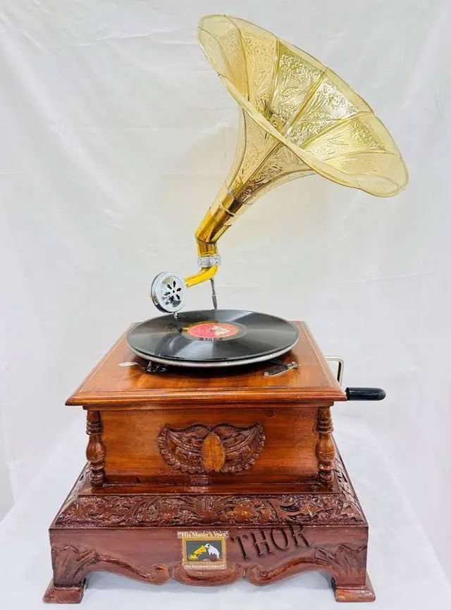 Main image of Antique-Looking Replica Gramophone Vintage Gramophone Record Player, Wooden Base with Floral Carvings, Gold Horn Speaker (37X37X70 CM)