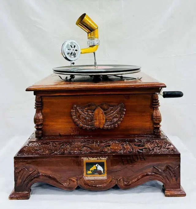 Alt view image 2 of 6 - Antique-Looking Replica Gramophone Vintage Gramophone Record Player, Wooden Base with Floral Carvings, Gold Horn Speaker (37X37X70 CM)