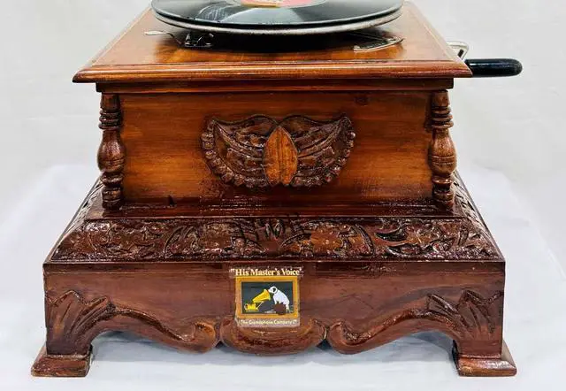 Alt view image 3 of 6 - Antique-Looking Replica Gramophone Vintage Gramophone Record Player, Wooden Base with Floral Carvings, Gold Horn Speaker (37X37X70 CM)