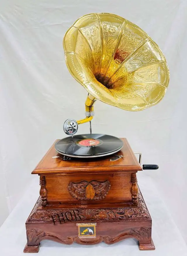 Alt view image 6 of 6 - Antique-Looking Replica Gramophone Vintage Gramophone Record Player, Wooden Base with Floral Carvings, Gold Horn Speaker (37X37X70 CM)