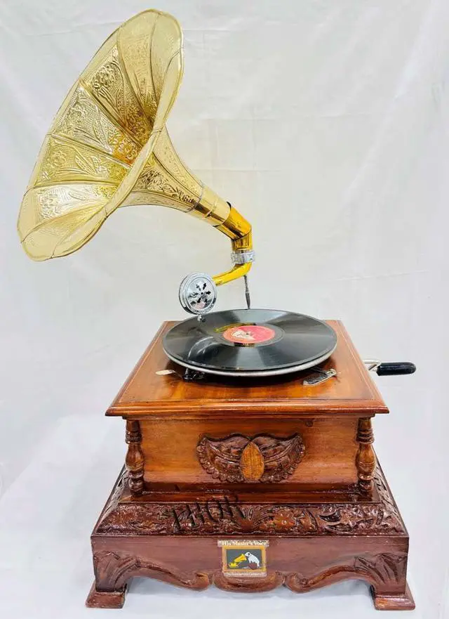 Alt view image 5 of 6 - Antique-Looking Replica Gramophone Vintage Gramophone Record Player, Wooden Base with Floral Carvings, Gold Horn Speaker (37X37X70 CM)