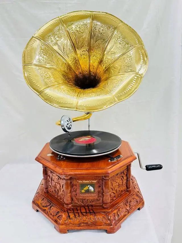 Main image of Antique-Looking Replica Gramophone Vintage Gramophone Record Player, Wooden Base with Floral Carvings, Gold Horn Speaker (37X32X75 CM)