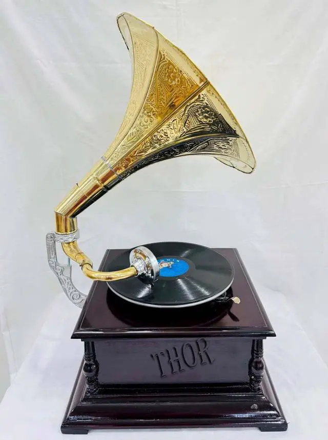Alt view image 2 of 5 - Antique-Looking Replica Gramophone Vintage Gramophone Record Player, Wooden Base with Floral Carvings, Gold Horn Speaker (75X32X37 CM)