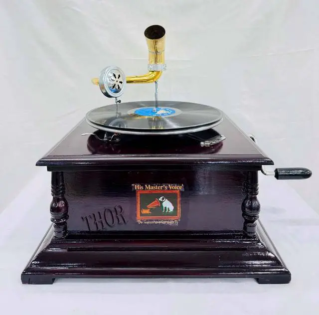 Alt view image 3 of 5 - Antique-Looking Replica Gramophone Vintage Gramophone Record Player, Wooden Base with Floral Carvings, Gold Horn Speaker (75X32X37 CM)