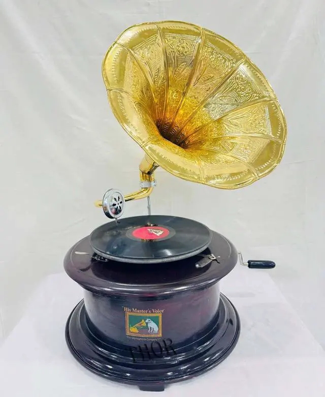 Main image of Antique-Looking Replica Gramophone Vintage Gramophone Record Player, Wooden Base with Floral Carvings, Gold Horn Speaker (38X38X68 CM)