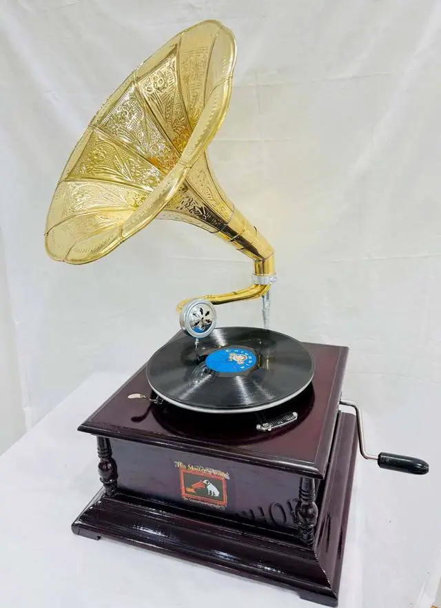 Alt view image 4 of 5 - Antique-Looking Replica Gramophone Vintage Gramophone Record Player, Wooden Base with Floral Carvings, Gold Horn Speaker (75X32X37 CM)