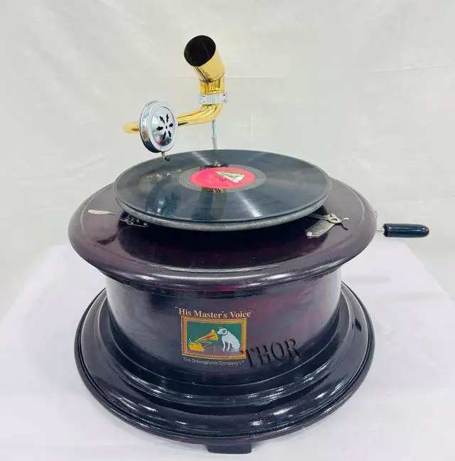 Alt view image 3 of 6 - Antique-Looking Replica Gramophone Vintage Gramophone Record Player, Wooden Base with Floral Carvings, Gold Horn Speaker (38X38X68 CM)