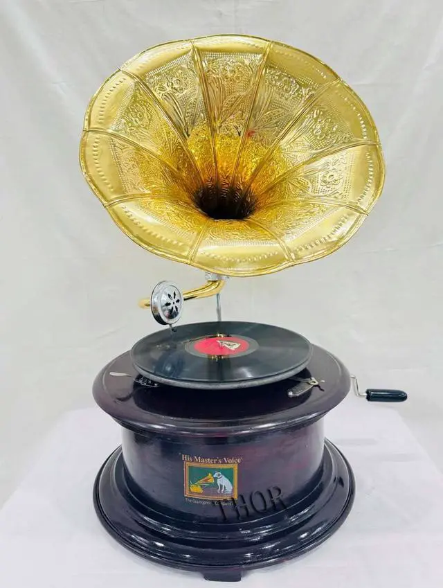 Alt view image 5 of 6 - Antique-Looking Replica Gramophone Vintage Gramophone Record Player, Wooden Base with Floral Carvings, Gold Horn Speaker (38X38X68 CM)