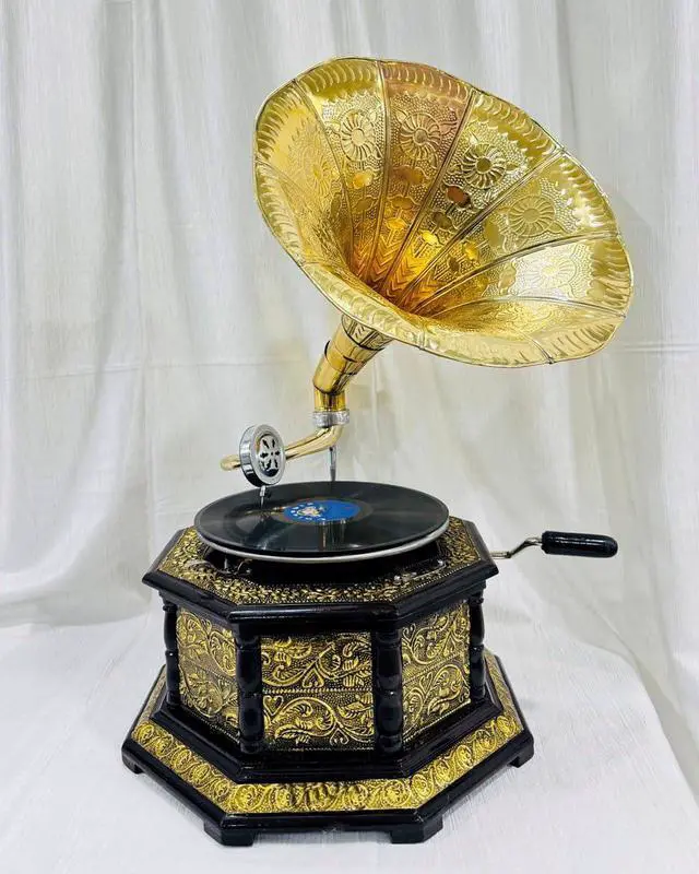 Main image of Vintage Gramophone Record Player Wooden Base with Floral Carvings Gold Horn Speaker Antique-Looking Replica Gramophone (Gold Work Design with 8 Cone)