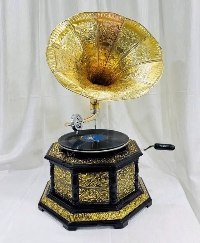 Alt view image 2 of 7 - Vintage Gramophone Record Player Wooden Base with Floral Carvings Gold Horn Speaker Antique-Looking Replica Gramophone (Gold Work Design with 8 Cone)
