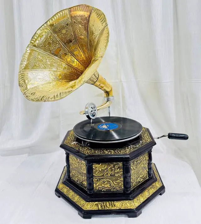 Alt view image 3 of 7 - Vintage Gramophone Record Player Wooden Base with Floral Carvings Gold Horn Speaker Antique-Looking Replica Gramophone (Gold Work Design with 8 Cone)