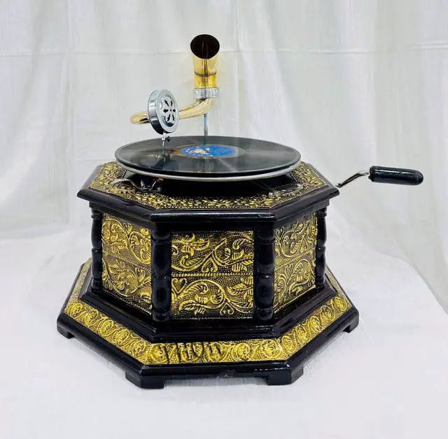 Alt view image 4 of 7 - Vintage Gramophone Record Player Wooden Base with Floral Carvings Gold Horn Speaker Antique-Looking Replica Gramophone (Gold Work Design with 8 Cone)