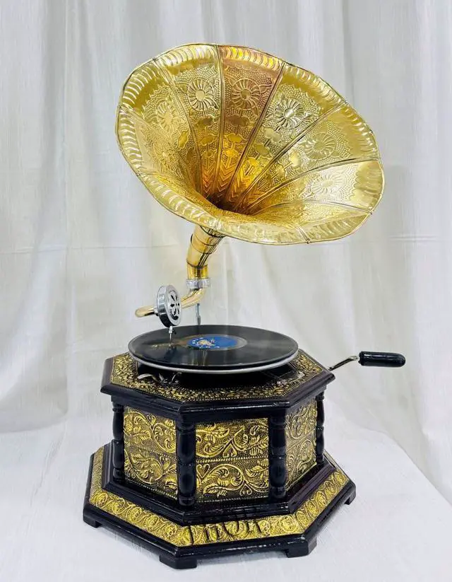 Alt view image 7 of 7 - Vintage Gramophone Record Player Wooden Base with Floral Carvings Gold Horn Speaker Antique-Looking Replica Gramophone (Gold Work Design with 8 Cone)