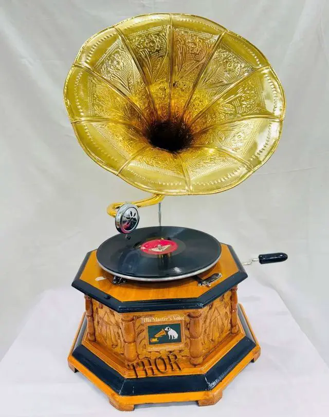 Main image of Antique-Looking Replica Gramophone Vintage Gramophone Record Player, Wooden Base with Floral Carvings, Gold Horn Speaker (32X75X37 CM)