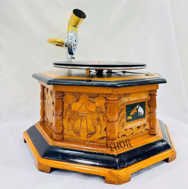 Alt view image 4 of 7 - Antique-Looking Replica Gramophone Vintage Gramophone Record Player, Wooden Base with Floral Carvings, Gold Horn Speaker (32X75X37 CM)