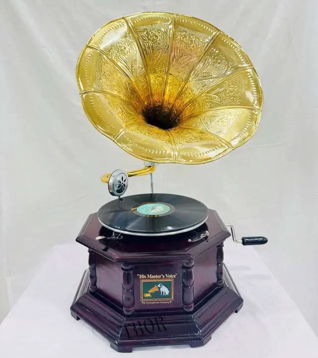 Main image of Antique-Looking Replica Gramophone Vintage Gramophone Record Player, Wooden Base with Floral Carvings, Gold Horn Speaker (35X37X32 CM)