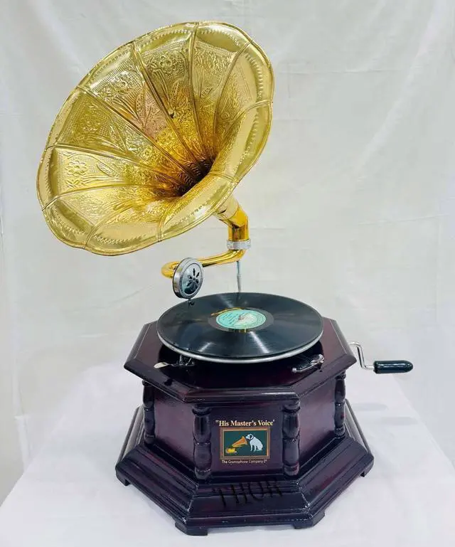 Alt view image 4 of 6 - Antique-Looking Replica Gramophone Vintage Gramophone Record Player, Wooden Base with Floral Carvings, Gold Horn Speaker (35X37X32 CM)