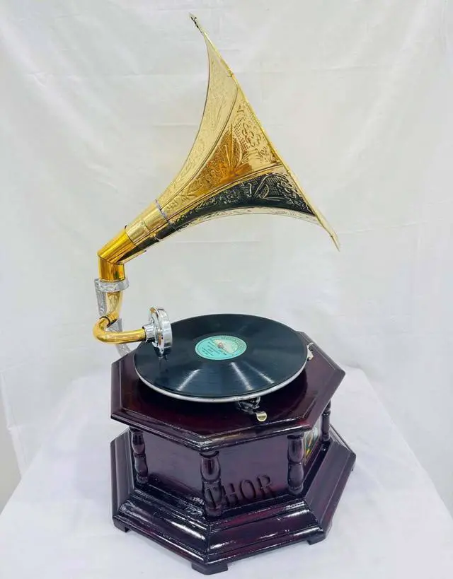 Alt view image 5 of 6 - Antique-Looking Replica Gramophone Vintage Gramophone Record Player, Wooden Base with Floral Carvings, Gold Horn Speaker (35X37X32 CM)