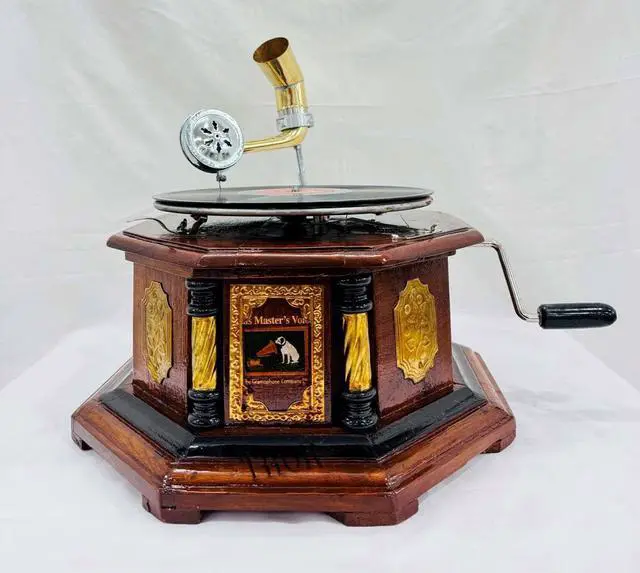 Alt view image 2 of 7 - Antique-Looking Replica Gramophone Vintage Gramophone Record Player, Wooden Base with Floral Carvings, Gold Horn Speaker (35.5X35.5X17.5 CM)