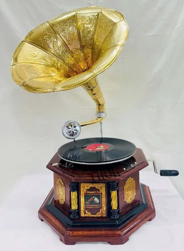 Alt view image 3 of 7 - Antique-Looking Replica Gramophone Vintage Gramophone Record Player, Wooden Base with Floral Carvings, Gold Horn Speaker (35.5X35.5X17.5 CM)