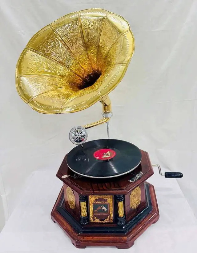 Alt view image 4 of 7 - Antique-Looking Replica Gramophone Vintage Gramophone Record Player, Wooden Base with Floral Carvings, Gold Horn Speaker (35.5X35.5X17.5 CM)