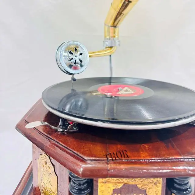 Alt view image 5 of 7 - Antique-Looking Replica Gramophone Vintage Gramophone Record Player, Wooden Base with Floral Carvings, Gold Horn Speaker (35.5X35.5X17.5 CM)