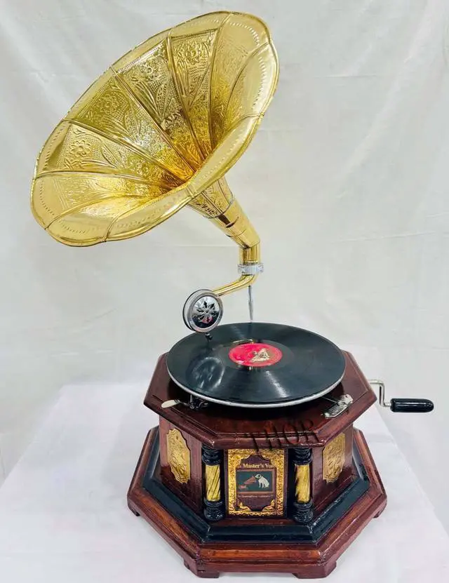 Alt view image 6 of 7 - Antique-Looking Replica Gramophone Vintage Gramophone Record Player, Wooden Base with Floral Carvings, Gold Horn Speaker (35.5X35.5X17.5 CM)