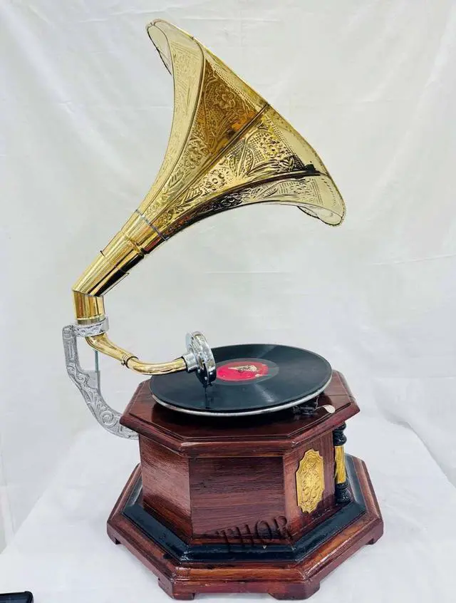 Alt view image 7 of 7 - Antique-Looking Replica Gramophone Vintage Gramophone Record Player, Wooden Base with Floral Carvings, Gold Horn Speaker (35.5X35.5X17.5 CM)