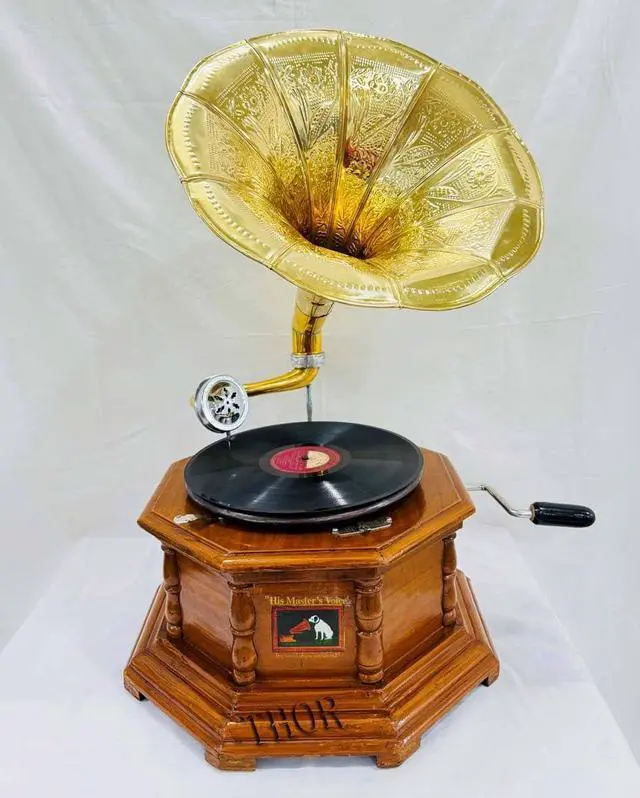 Main image of Antique-Looking Replica Gramophone Vintage Gramophone Record Player, Wooden Base with Floral Carvings, Gold Horn Speaker (32X37X35 CM)