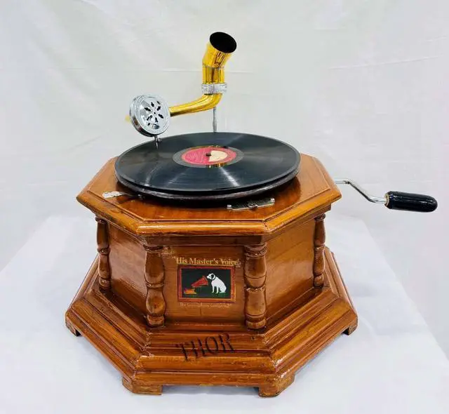 Alt view image 2 of 6 - Antique-Looking Replica Gramophone Vintage Gramophone Record Player, Wooden Base with Floral Carvings, Gold Horn Speaker (32X37X35 CM)