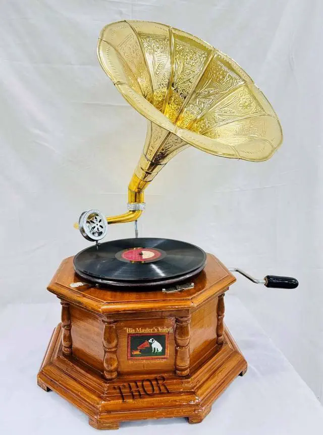 Alt view image 4 of 6 - Antique-Looking Replica Gramophone Vintage Gramophone Record Player, Wooden Base with Floral Carvings, Gold Horn Speaker (32X37X35 CM)