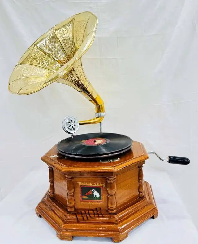 Alt view image 5 of 6 - Antique-Looking Replica Gramophone Vintage Gramophone Record Player, Wooden Base with Floral Carvings, Gold Horn Speaker (32X37X35 CM)