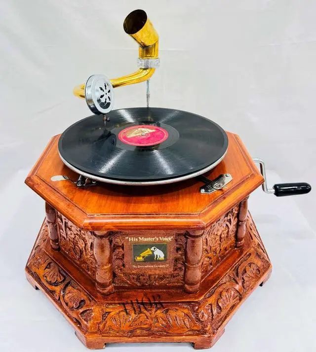Alt view image 2 of 7 - Antique-Looking Replica Gramophone Vintage Gramophone Record Player, Wooden Base with Floral Carvings, Gold Horn Speaker (37X32X75 CM)