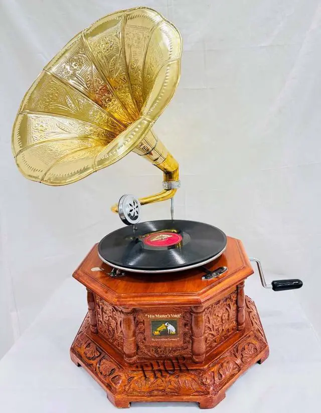 Alt view image 3 of 7 - Antique-Looking Replica Gramophone Vintage Gramophone Record Player, Wooden Base with Floral Carvings, Gold Horn Speaker (37X32X75 CM)