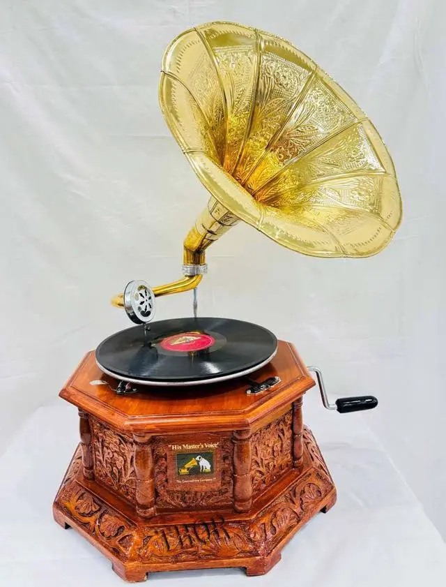 Alt view image 4 of 7 - Antique-Looking Replica Gramophone Vintage Gramophone Record Player, Wooden Base with Floral Carvings, Gold Horn Speaker (37X32X75 CM)