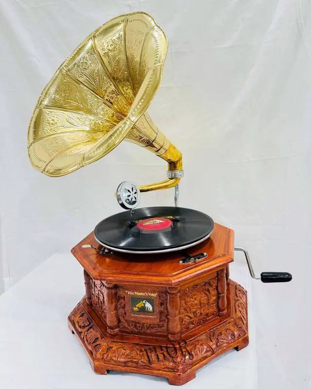Alt view image 5 of 7 - Antique-Looking Replica Gramophone Vintage Gramophone Record Player, Wooden Base with Floral Carvings, Gold Horn Speaker (37X32X75 CM)