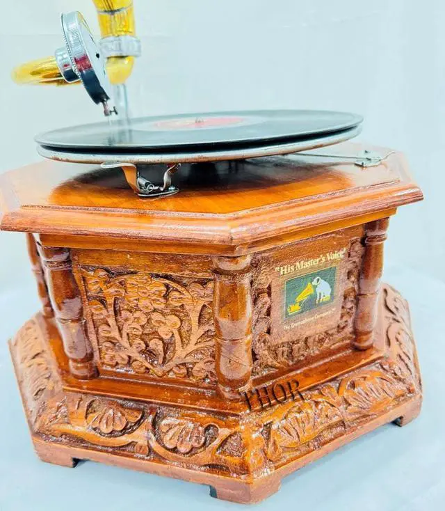 Alt view image 6 of 7 - Antique-Looking Replica Gramophone Vintage Gramophone Record Player, Wooden Base with Floral Carvings, Gold Horn Speaker (37X32X75 CM)