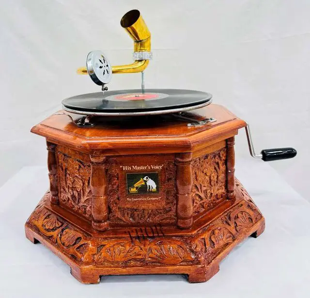 Alt view image 7 of 7 - Antique-Looking Replica Gramophone Vintage Gramophone Record Player, Wooden Base with Floral Carvings, Gold Horn Speaker (37X32X75 CM)