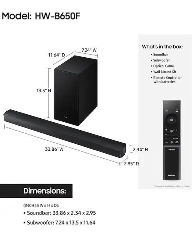 Alt view image 2 of 7 - 3.1ch Soundbar, HW-B650F, with Wireless Subwoofer, Dolby Audio/DTS Virtual:X, Q-Symphony, HDMI ARC for TV Home Theater Surround Sound
