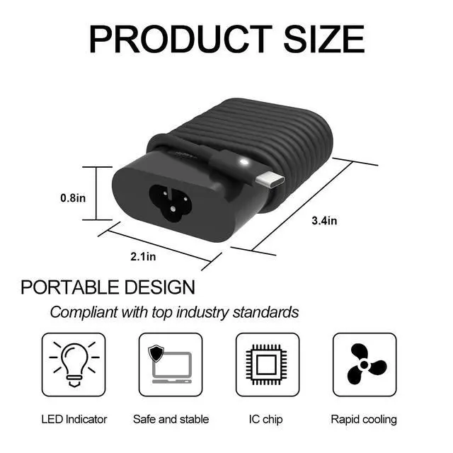 Alt view image 2 of 7 - 45W USB C Laptop Charger Fits for Dell XPS 13 Type C Power Cord | for 7390 2in1 9350 9380 9370 9333 9360 9310 9365 9300 HA45NM180 LA45NM150